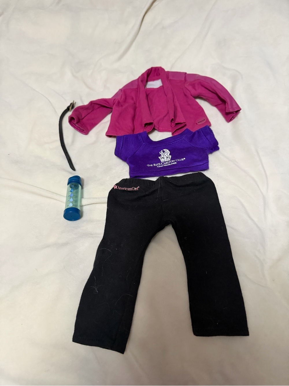 American Girl Purple Tee & Black Leggings Outfit with Pink Jacket & purple Dress